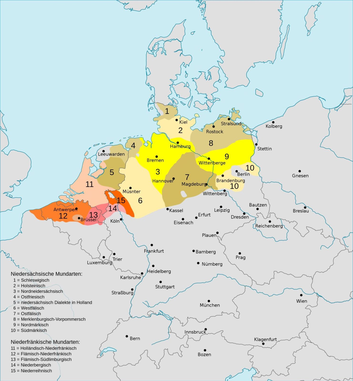 Карта распространения нижненемецких и нидерландских (нижнефранкских) диалектов.